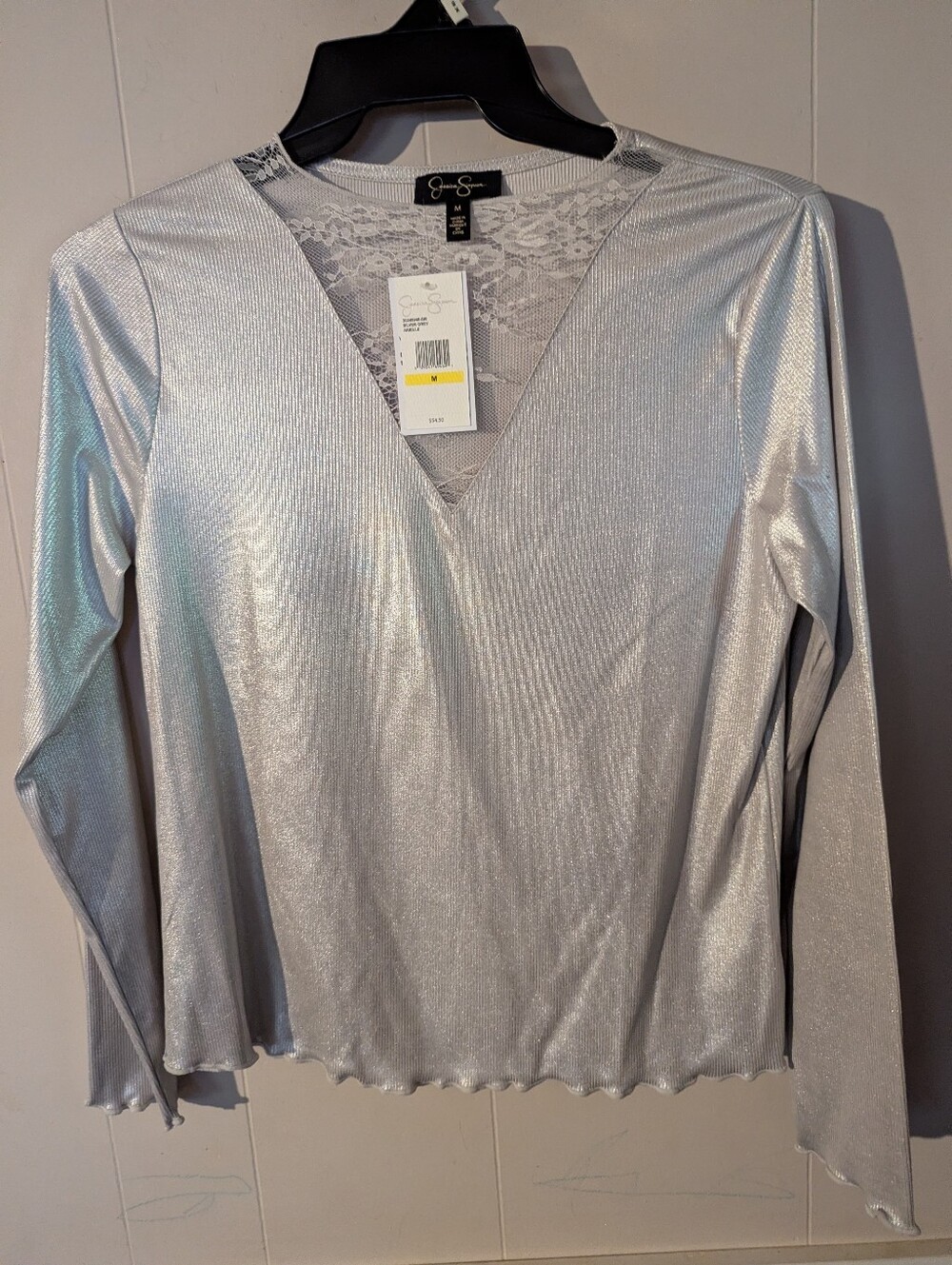 Jessica Simpson Metallic Silver V-Neck Long Sleeve Top with Lace Size Medium